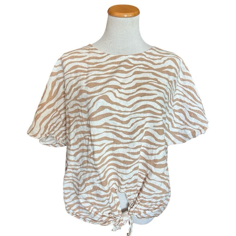 Womens Anne Klein Zebra Animal Print Linen Knot Front Top Blouse - Sz XL